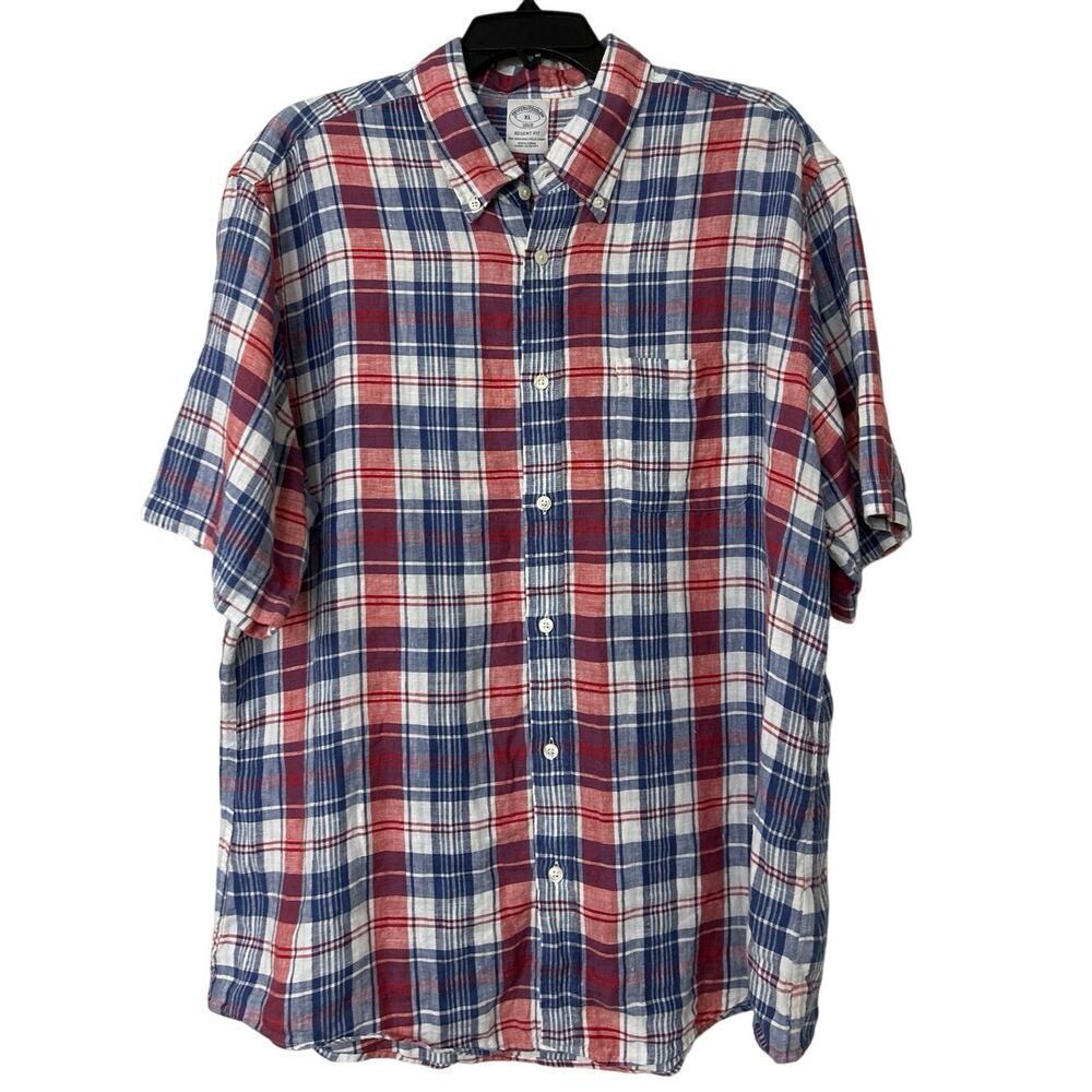 Brooks Brothers 100% Linen Plaid Short Sleeve Button Down Shirt Regent Fit XL